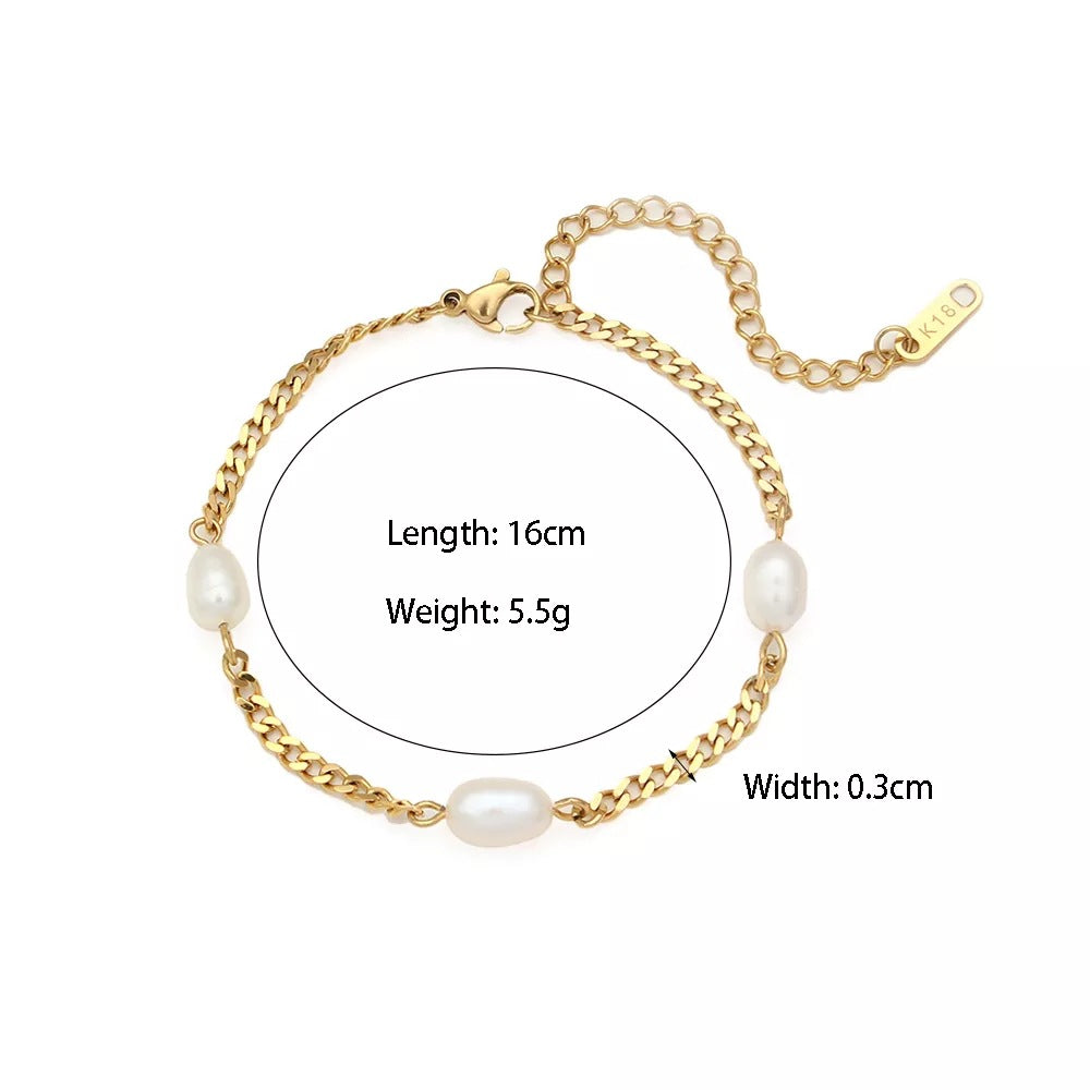 18K Gold Plated Geometric Cuban Chain Bracelet with Freshwater Pearls