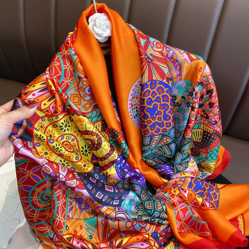 Women's Retro Printed Satin Silk Scarf Shawl Wrap