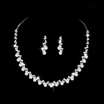 Fashion Geometric Copper Inlay Pearl Zircon Jewelry Set - Silver Bridal Accessories with Earrings and Necklace