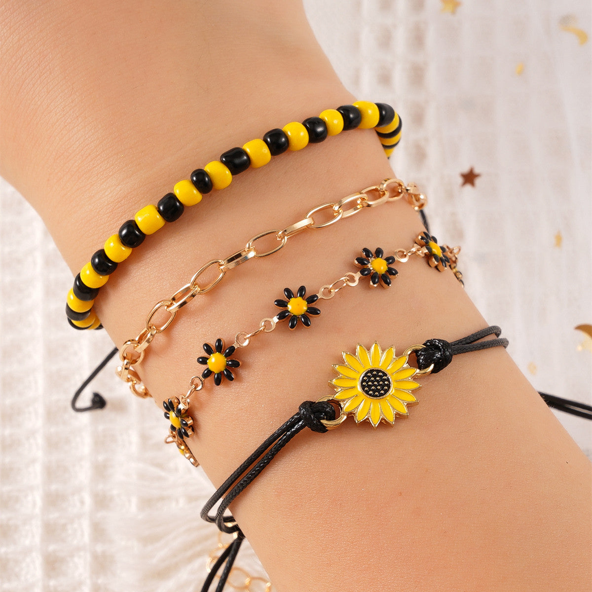 Hawaiian Vacation Daisy Flower Pendant Anklet and Bracelet Set - Enamel Beaded Design