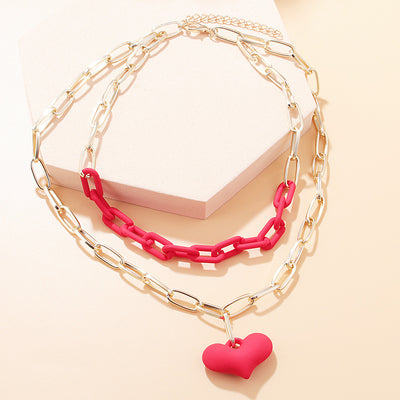 Exaggerated Heart-Shaped Acrylic Aluminum Layered Pendant Necklace