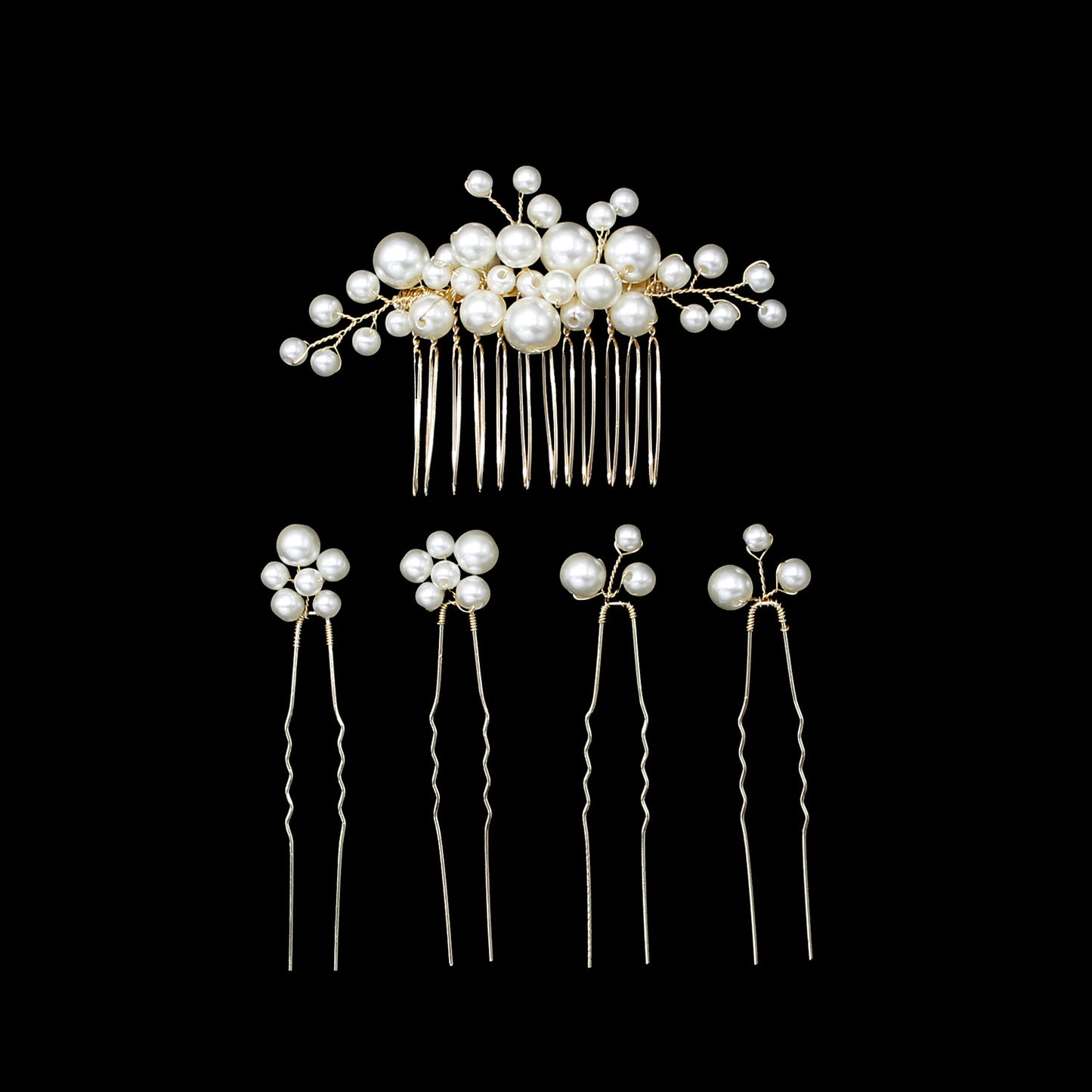 Geometric Alloy Pearl Bridal Hair Accessory Set - 3 Combs & 2 Hair Forks