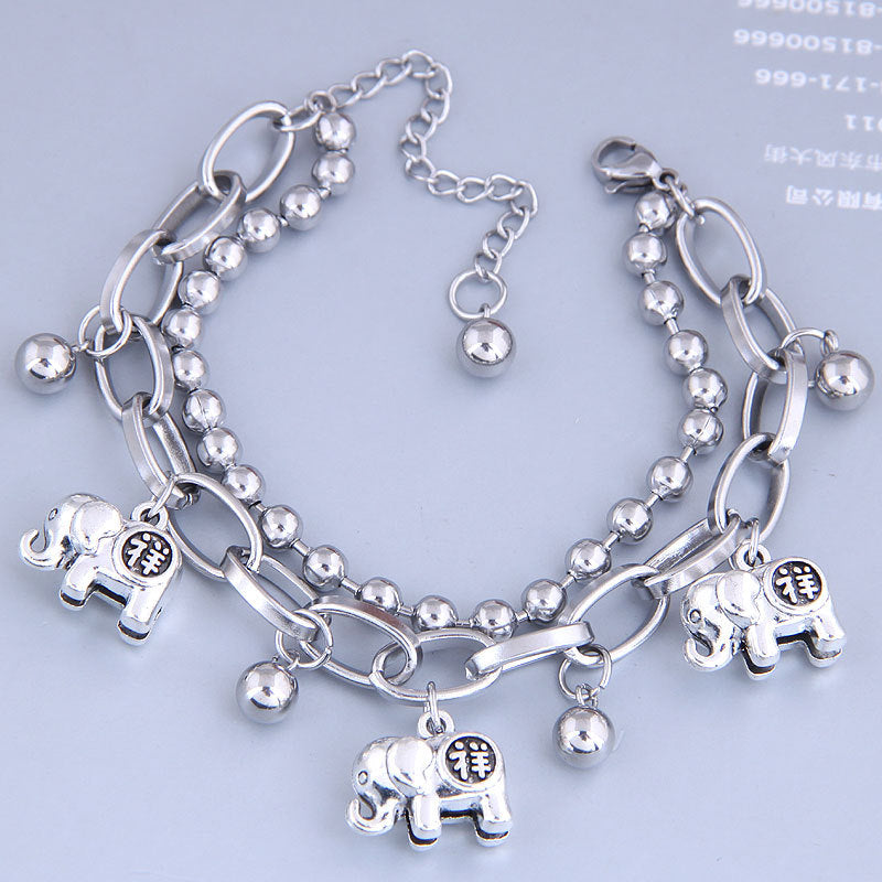 Korean Hip-hop Stainless Steel Bead Crown Double Layer Bracelet