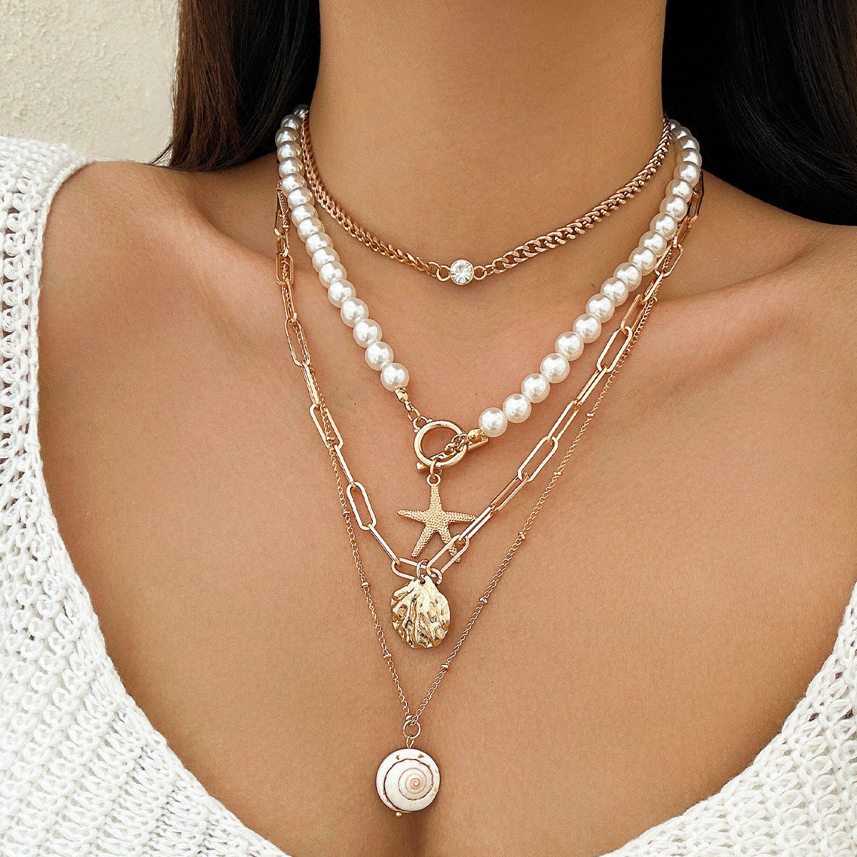 Bohemian Baroque Style Beach Pentagram Shell and Fish Tail Imitation Pearl Pendant Necklace Set