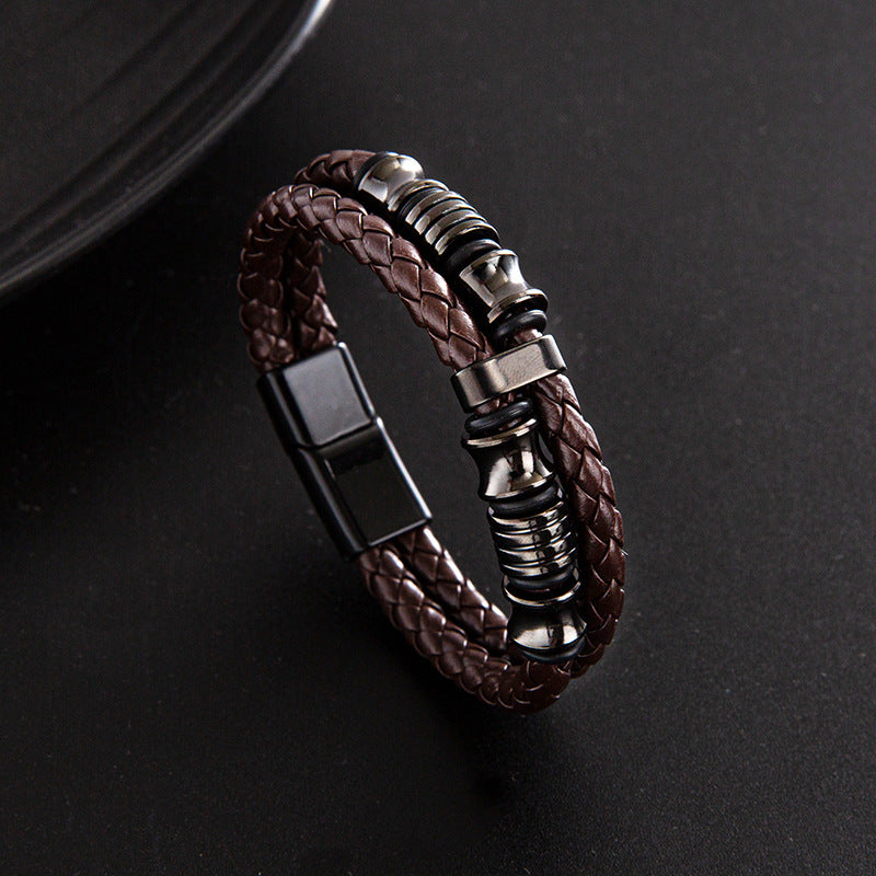 Punk Stainless Steel PU Leather Braided Magnetic Clasp Men's Bracelet