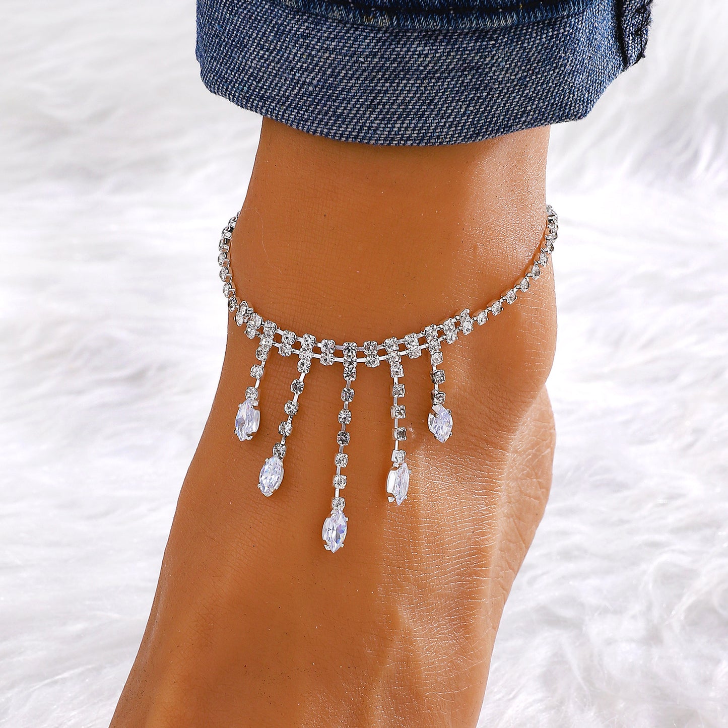 Vacation Bohemian Moon Heart Shape Rhinestone Tassel Layered Women's Anklet