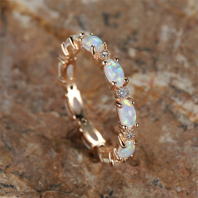 Glam French Style Alloy Gemstone Women's Wedding Ring with White Fire Opal Stacking Design