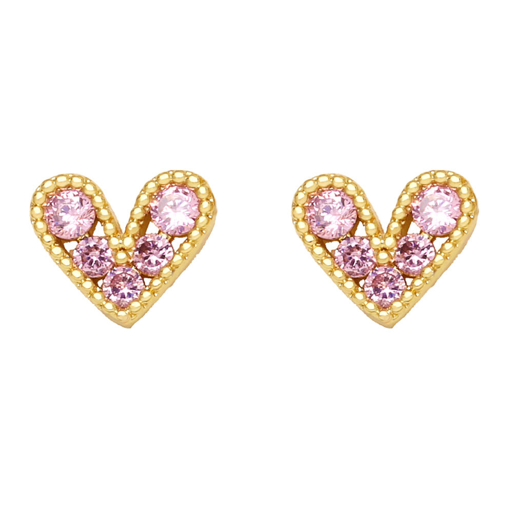 European American Mini Zircon Heart Copper Earrings - Chic Design Studs for Women