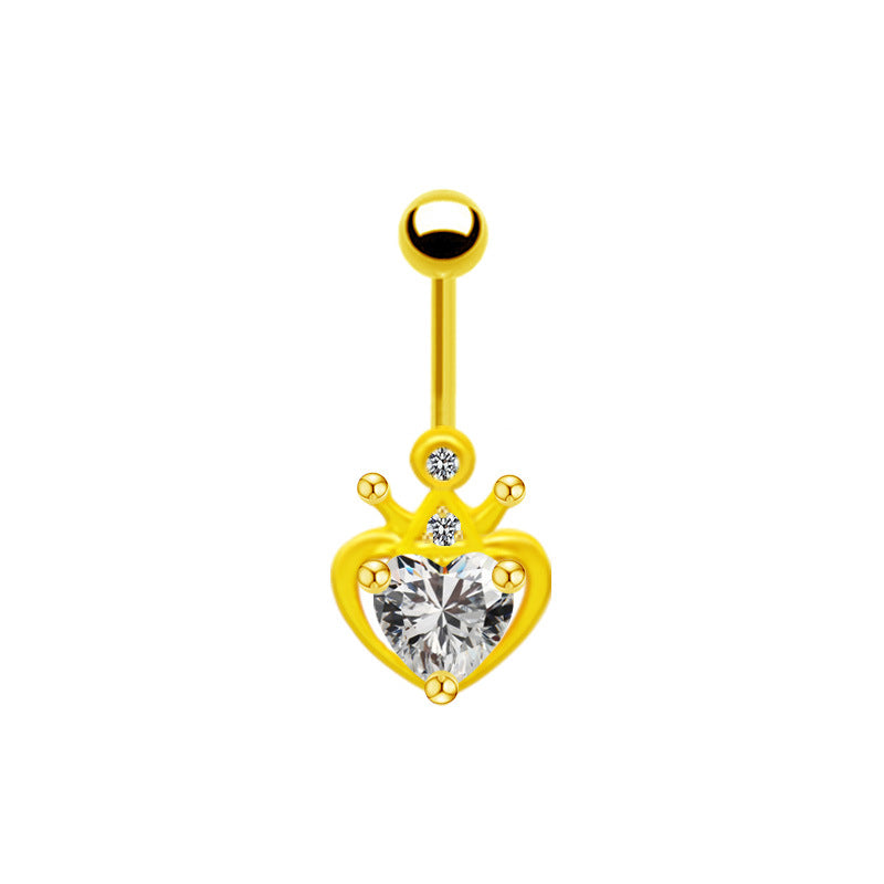 Heart Crown Belly Ring - Titanium Steel with Rhinestones and Gold Plating