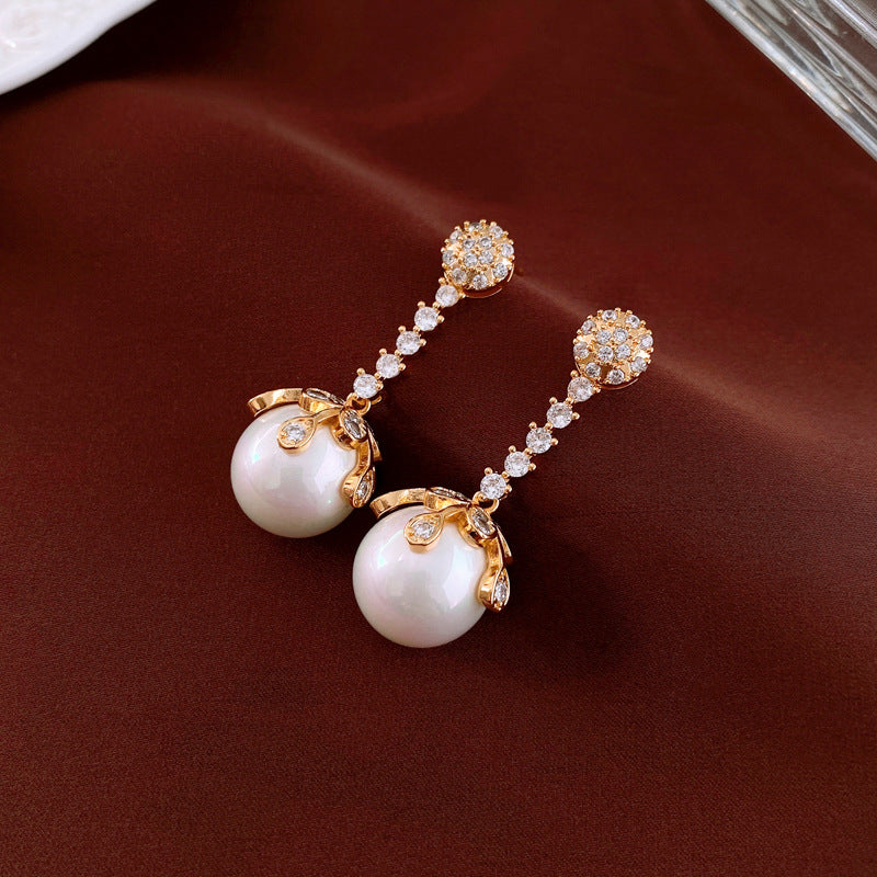 Elegant Geometric Zirconia Pearl Drop Earrings with Gold Plating