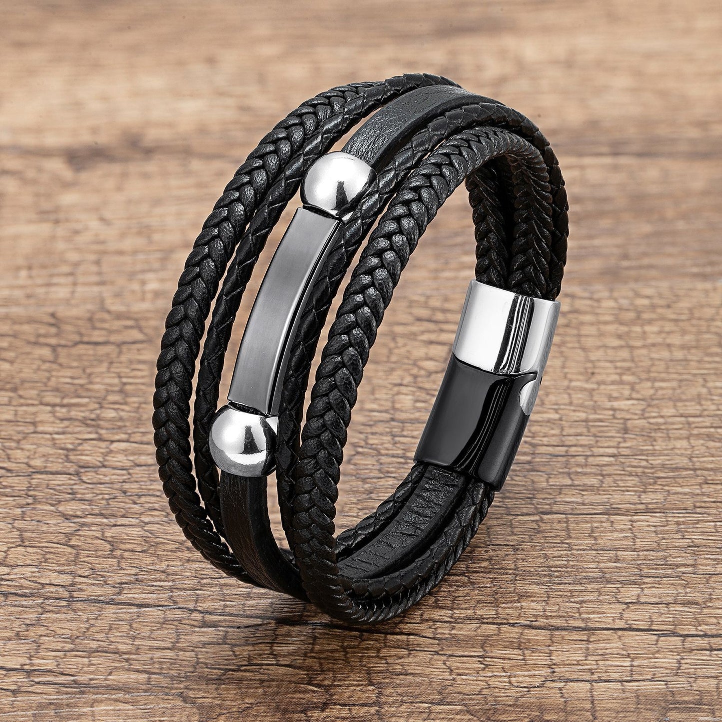 Hip-Hop Punk Geometric PU Leather Layered Men's Bracelet with Stainless Steel Clasp