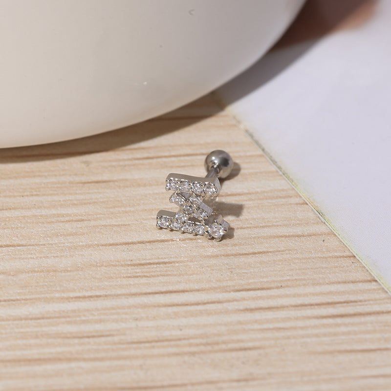 IG Style Shiny Letter Zircon Inlay Stainless Steel Cartilage Stud Earrings with Threaded Screw Closure