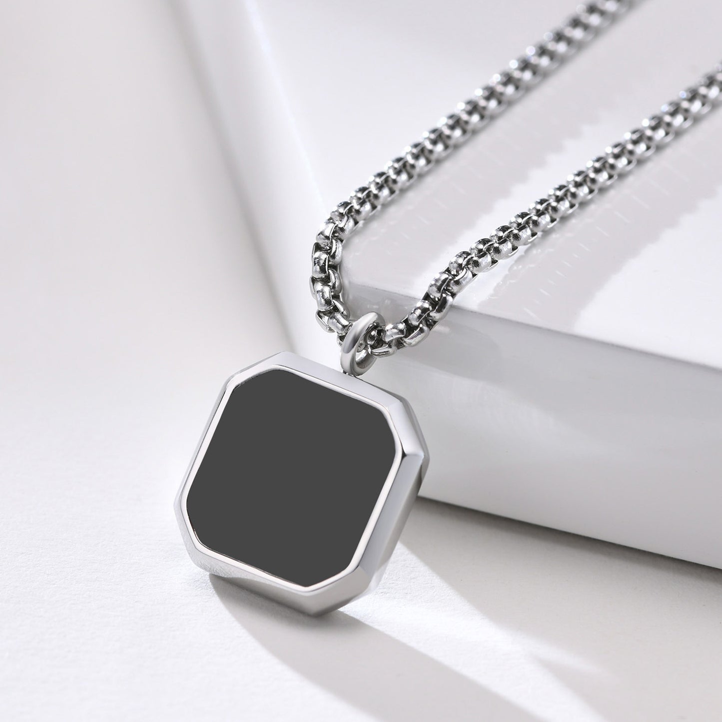 Retro Geometric Black Square Pendant Necklace for Men in Titanium and Stainless Steel