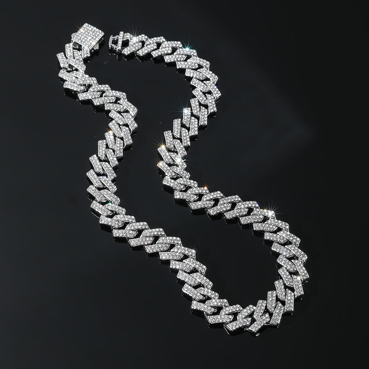 Hip-Hop Alloy Rhinestone Men's Bracelet and Cuban Chain Necklace Set