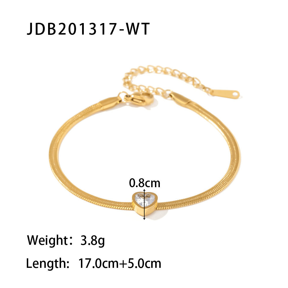 Retro Heart Shape 18k Gold Plated Stainless Steel Zircon Snake Chain Bracelet for Women