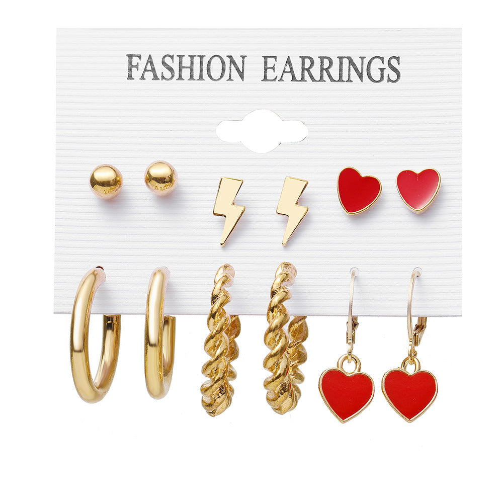 Fashion C Shape Heart & Leopard Print Pearl Alloy Earrings Set