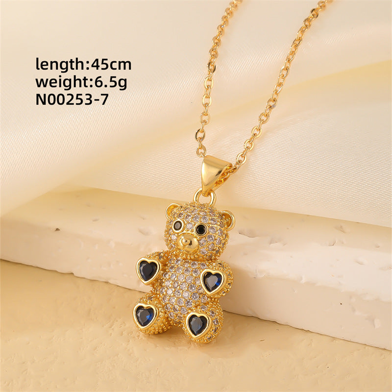 Cute Bear Zircon Pendant Necklace - Gold Plated Stainless Steel