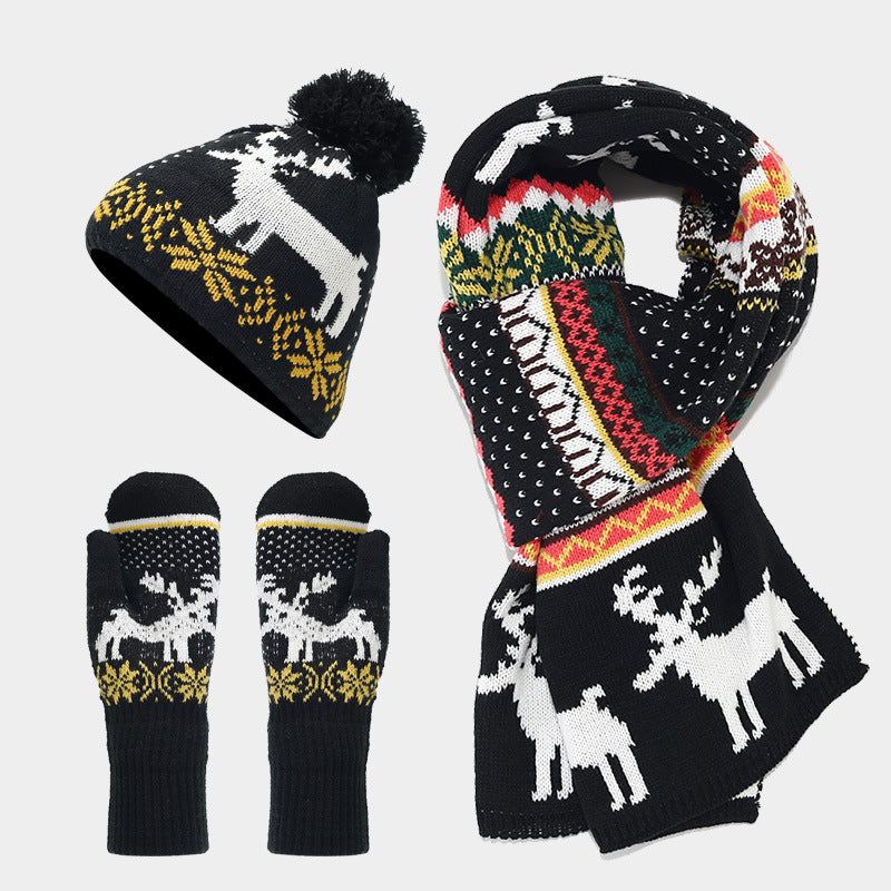 Women's Elegant Reindeer Knit Scarf Hat Gloves 3-Piece Set