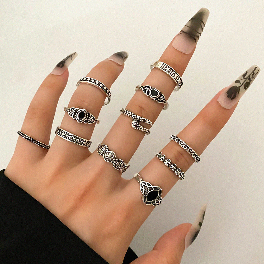 Vintage Retro Snake Design Joint Ring Set - 5 Pieces with Rhinestone Embellishments