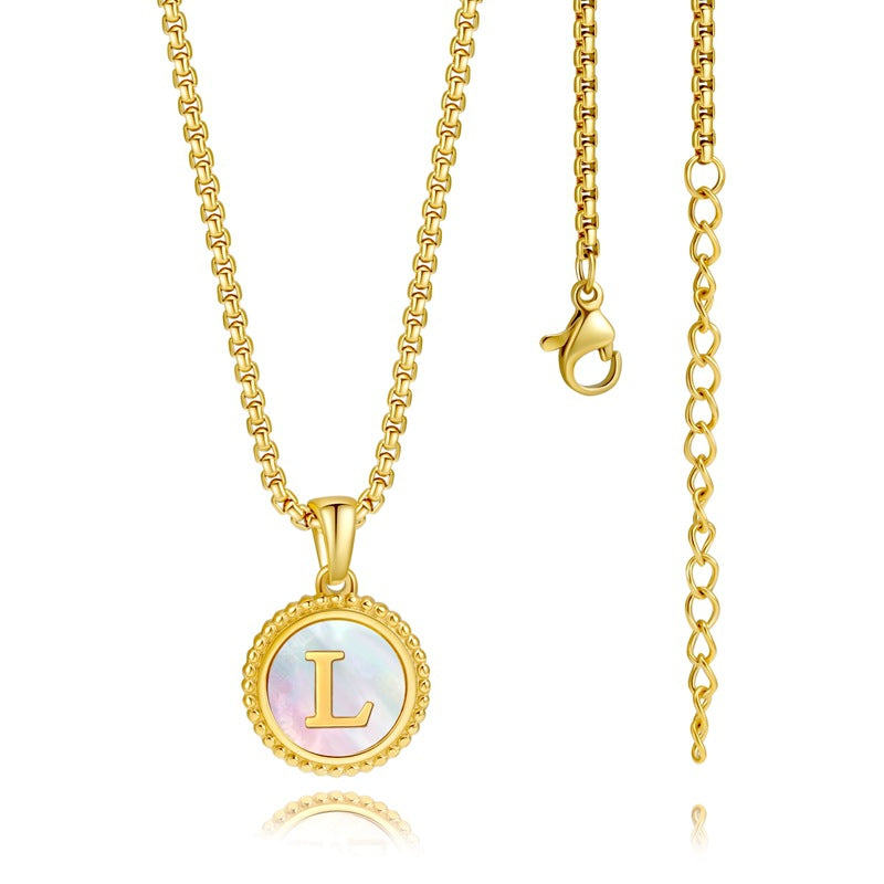 Stainless Steel Inlay Shell Pendant Necklace with 18k Gold Plated Round Floral Design and Alphabet Charm