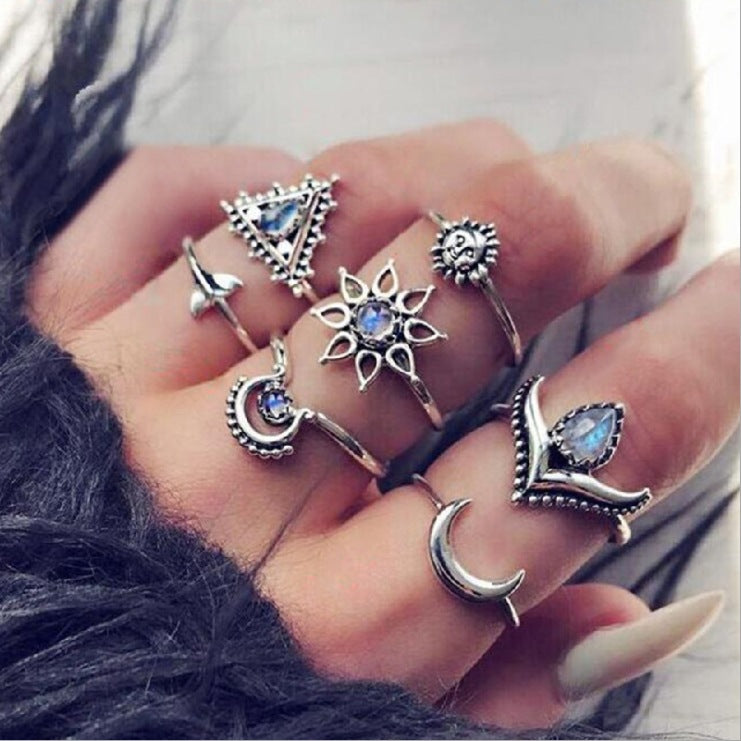 Retro Geometric Bohemian Crystal Moon Ring Set - 11 Piece Vintage Style Jewelry