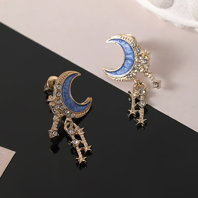 Elegant Star and Moon Enamel Zircon Tassel Drop Earrings