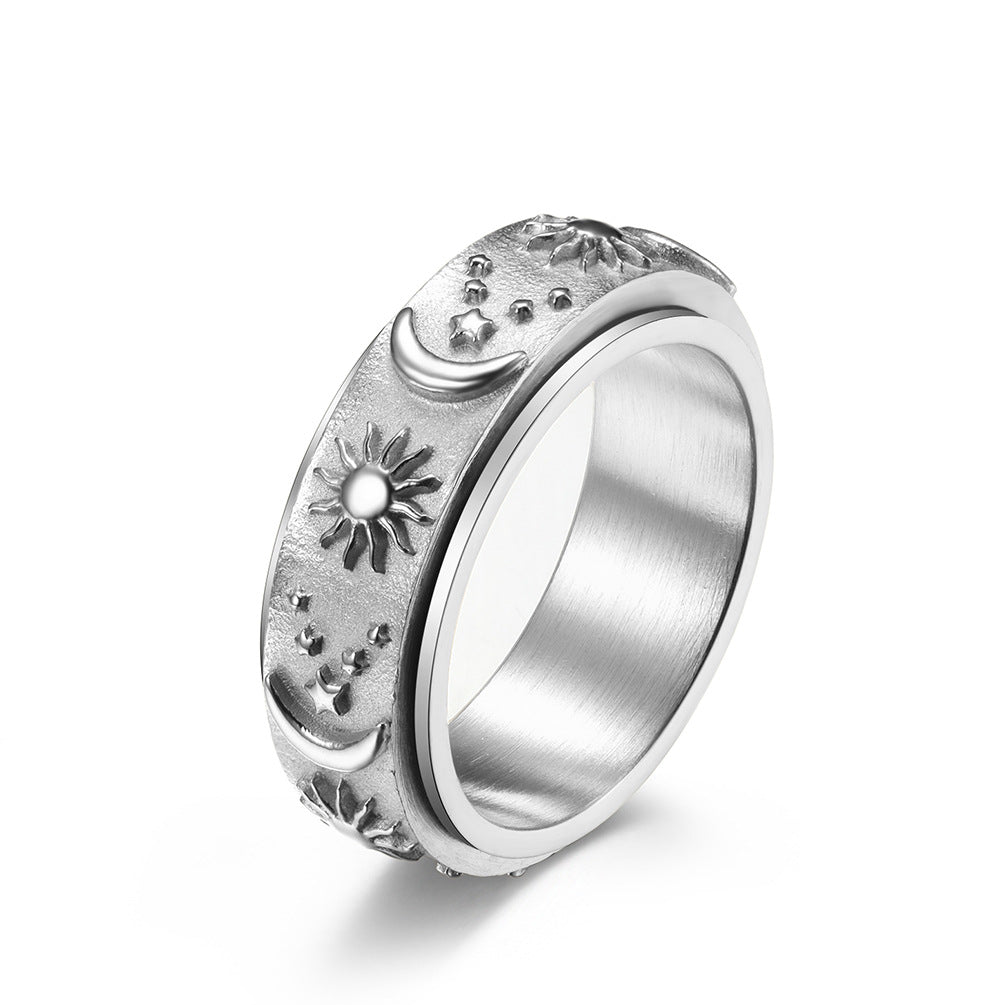 Fashion Sun Moon Star Rotatable Titanium Steel Bohemian Ring