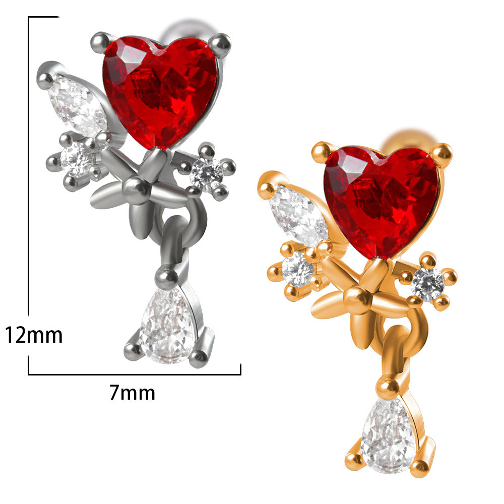 Heart Shape Stainless Steel Rhinestone Stud Earrings with Chain