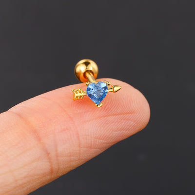 Heart & Flower Inlay Rhinestone Cartilage Earrings - Gold & Blue Stone Twist Design