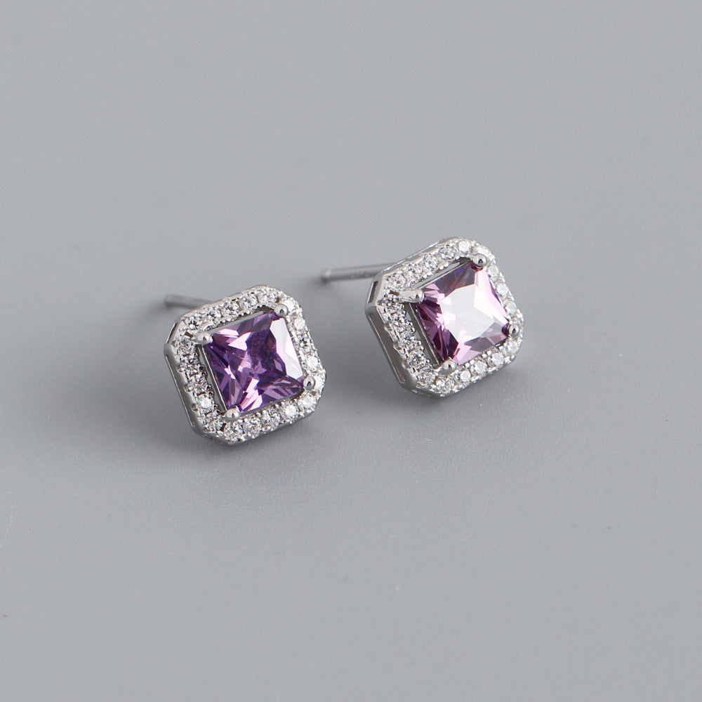 Geometric Sterling Silver Zircon Square Stud Earrings