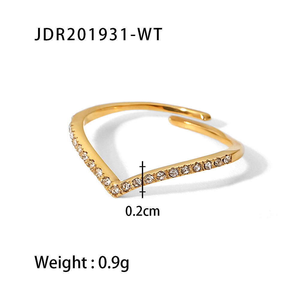 Geometric V-Shaped Zircon Inlay Stainless Steel Ring - 18k Gold Plated