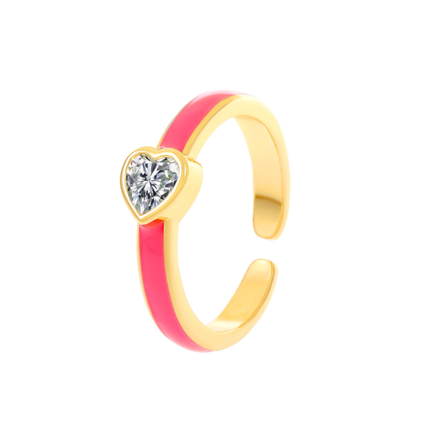 Fashion Heart Shape Colorful Enamel Open Ring with Rhinestones