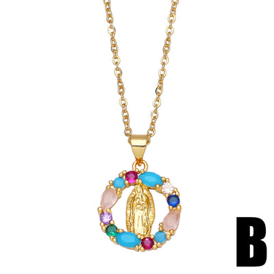 Fashion Inlaid Colored Zircon Virgin Mary Pendant Necklace Copper Chain