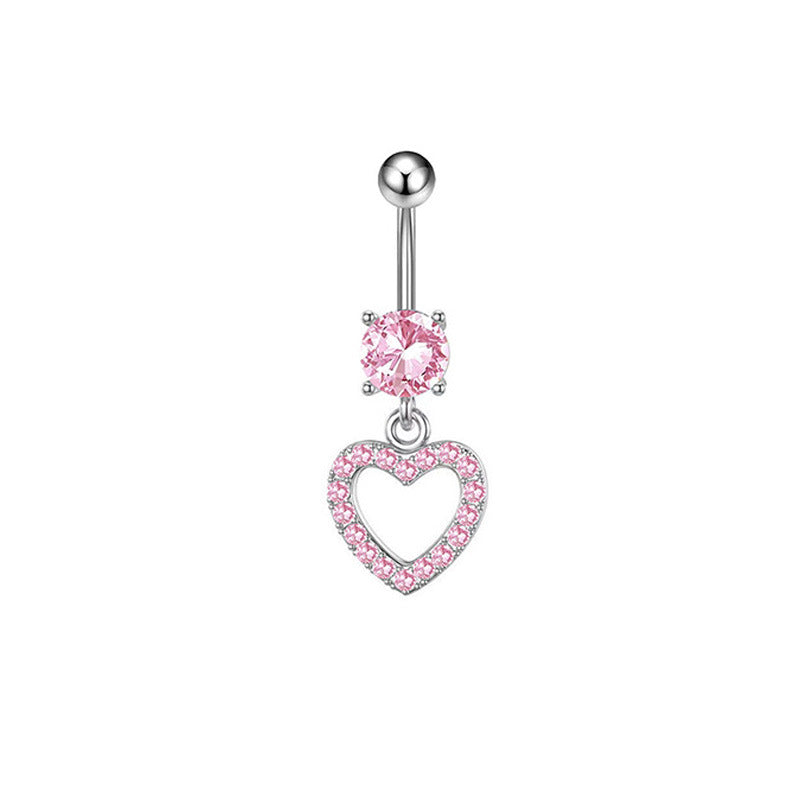 1 Piece Heart Shaped Zirconia Belly Rings Stainless Steel Inlay Rhinestones Pink Fashion Piercing Jewelry