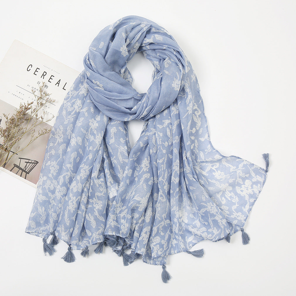 Women's Vintage Bohemian Floral Cotton Linen Print Scarf with Tassels