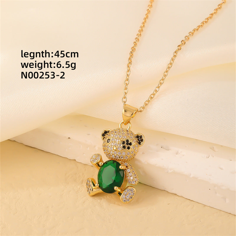 Cute Bear Zircon Pendant Necklace - Gold Plated Stainless Steel