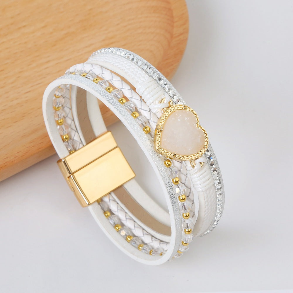 Casual Heart Shape PU Leather Rhinestone Women's Bracelet