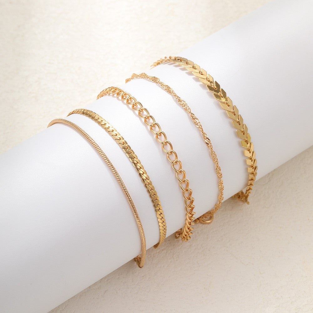 Geometric Alloy Bracelet & Rhinestone Pearl Anklet Set - 6 Pieces