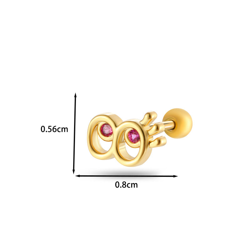 Korean Style Moon Heart Copper Zircon Cartilage Earrings with Titanium Steel Studs