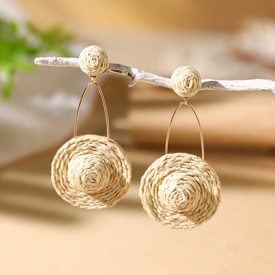 Bohemian Rattan Straw Braided Round Drop Earrings