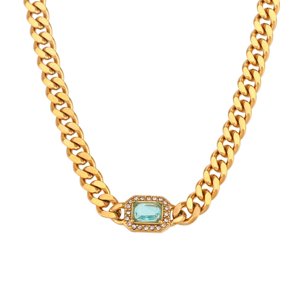 18K Gold Plated Zircon Stainless Steel Cuban Chain Bracelet Necklace Set