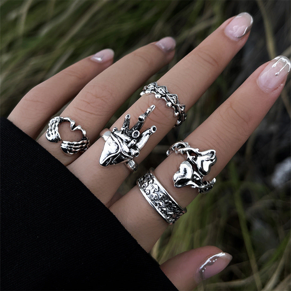 Creative Punk Skull Joker Ring Set - Double Chain & Statement Pieces