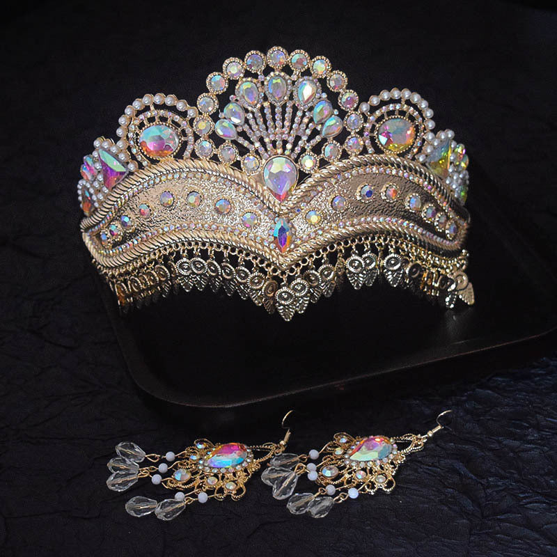 Retro Ethnic Gold Crown Pearl Bridal Headpiece Earrings