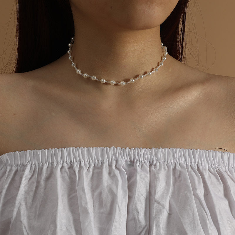 Korean Cute Hand-Woven Imitation Pearl Choker Necklace for Women