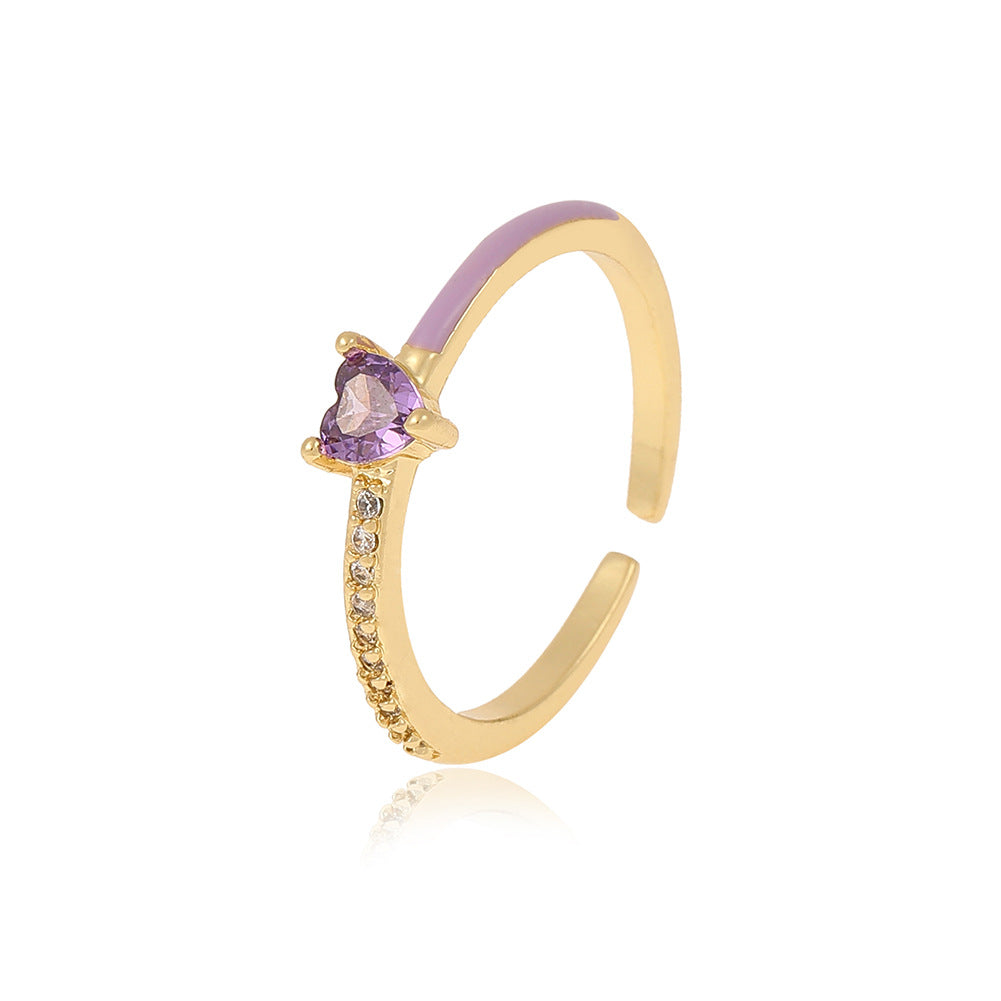 Minimalist Heart & Water Droplet Zircon Adjustable Open Ring in 18K Gold Plated Copper