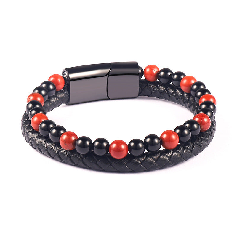 Retro Round Alloy Beaded Leather Bracelet with Natural Stone Tiger Eye and Agate