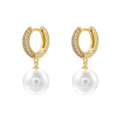 1 Pair Elegant Round Inlay Copper Pearl Zircon 18K Gold Plated Drop Earrings