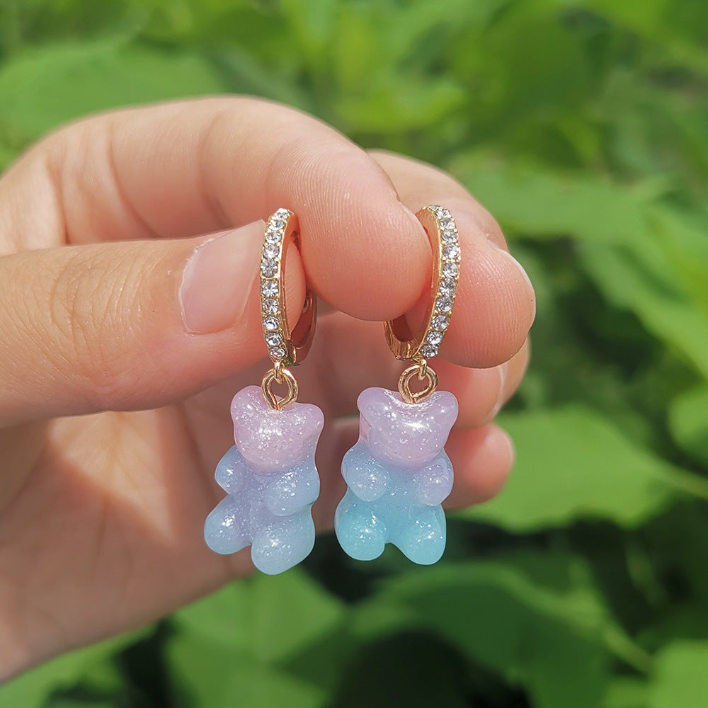 Resin Mini Color Gradient Bear Pendant Earrings