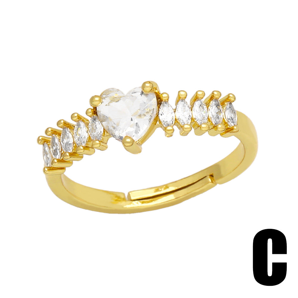 Shiny Geometric Leaf Heart Shape 18K Gold Plated Zircon Open Ring