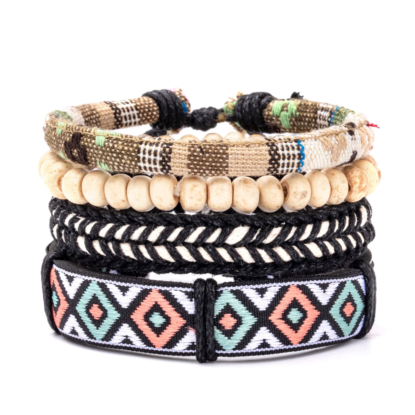 Bohemian Multicolor Beaded Leather Braided Unisex Bracelet Set